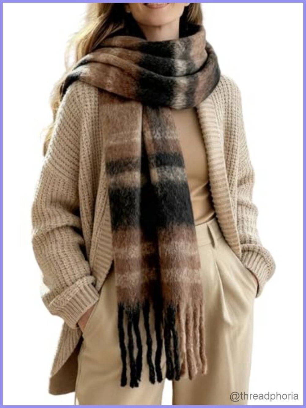 Oversized Chunky Knit Plaid Blanket Scarf Shawl Wrap for Women Heavyweight 100%